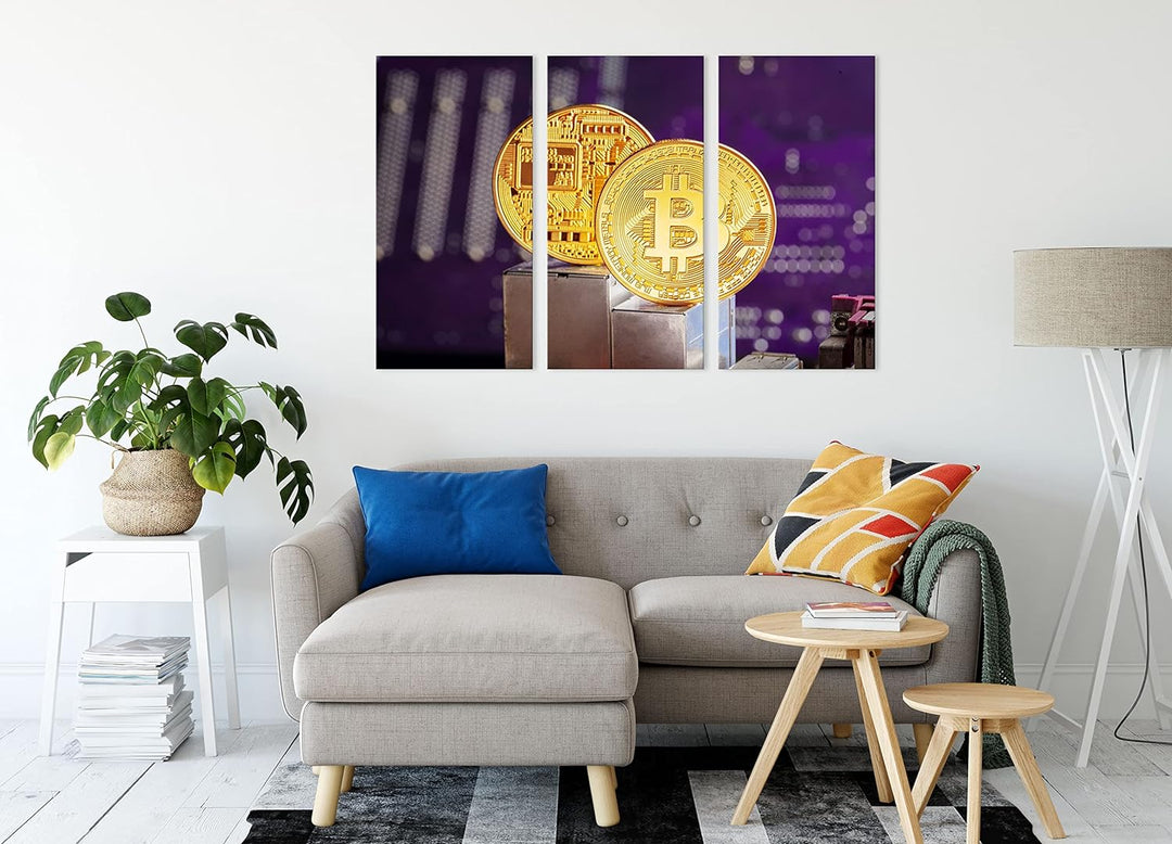 Bitcoin BTC auf Platineals Leinwandbild 3 teilig | Grösse: 120x80 cm | Wandbild | Kunstdruck | ferti