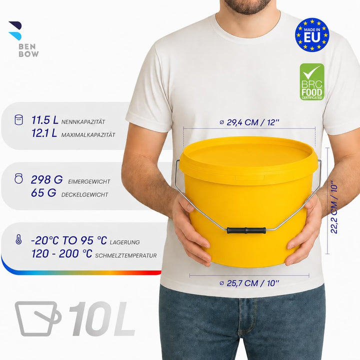 BenBow Eimer mit Deckel 10l gelb 10x 10 Liter - lebensmittelecht, stabil, luftdicht, auslaufsicher,