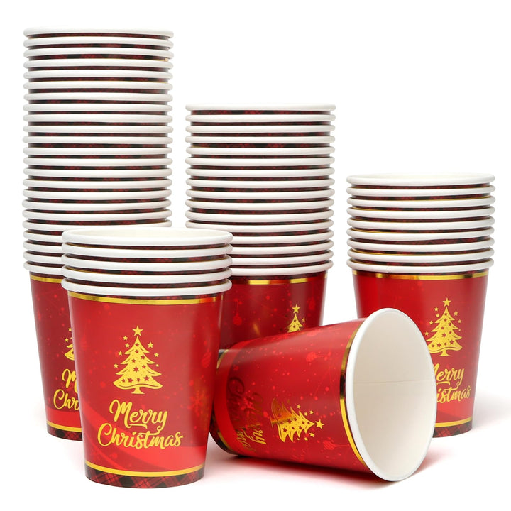 60 Stück Pappbecher WeihnachtsRot 9oz Party Tischdeko mit Weihnachtsbaum und Merry Christmas Muster,