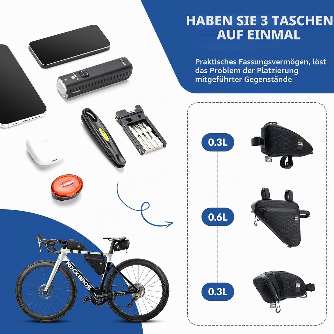 ROCKBROS Fahrradtasche Set Rahmentasche*2 + Satteltasche*1 Abnehmbare Tragbare ca. 1,2L 3 in 1 Umhän