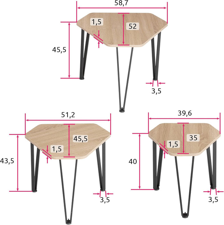 tectake Beistelltisch 3er Set, sechseckiger Couchtisch in 3 Grössen, Industrie-Stil, Holz Satztische