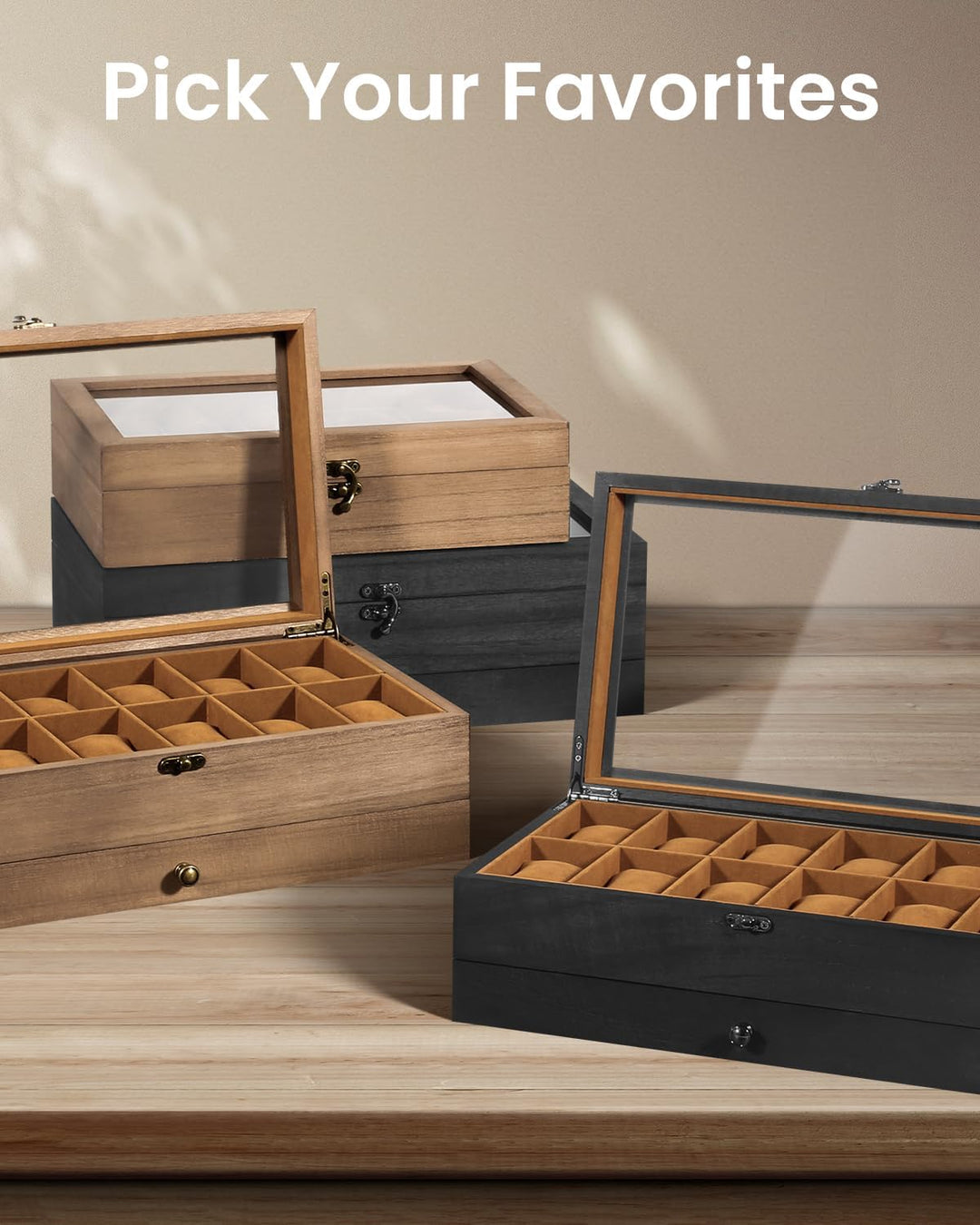 Uten Uhrenbox mit 12 Fächern, 2 Ebenen Uhrenkasten aus Massivholz mit Glasdeckel, Uhrenkissen Seiden