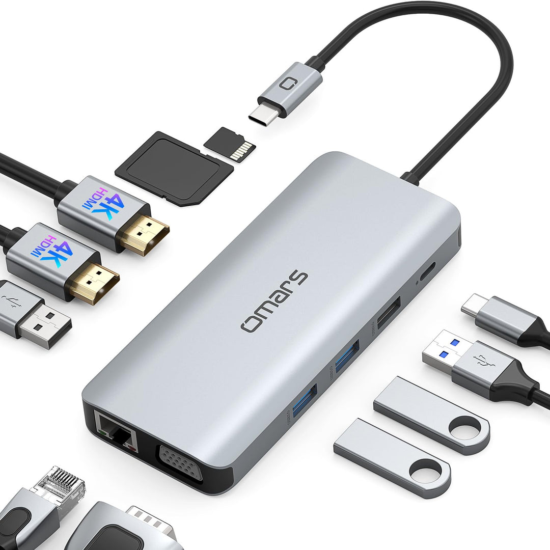 Omars Docking Station Triple Display USB C Hub Dual HDMI mit VGA USB C Adapter Multiport Docking Sta