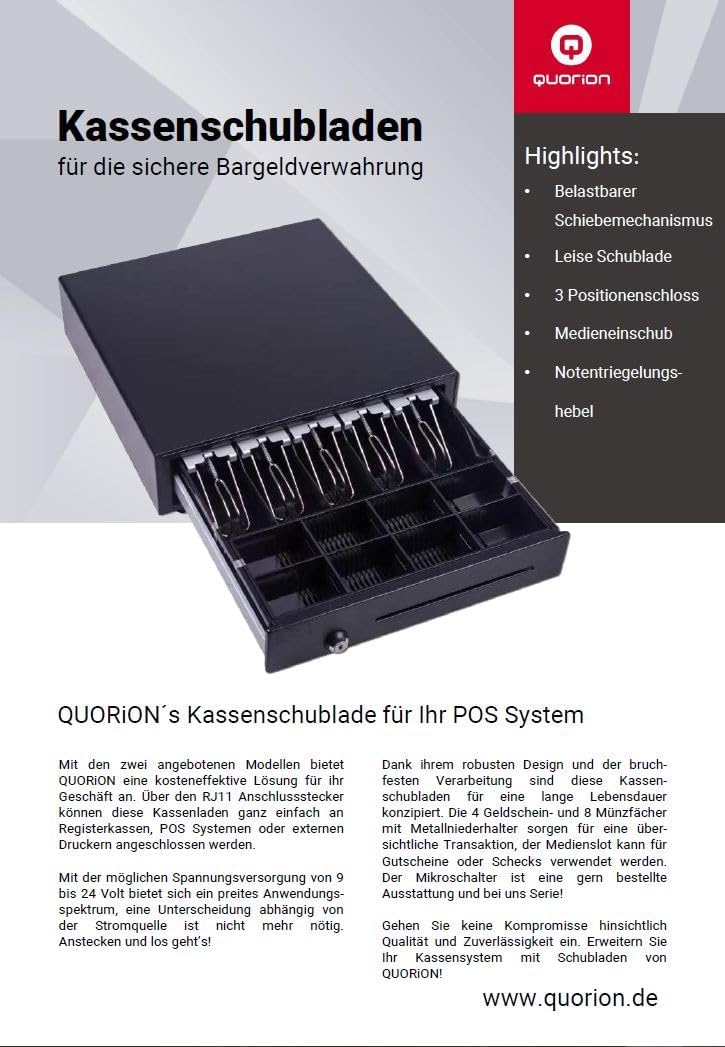 Kassenlade QUORION 330F für PC/POS Kassensysteme &amp; Bondrucker mit 9 12 oder 24 V Anschluss RJ11 mit