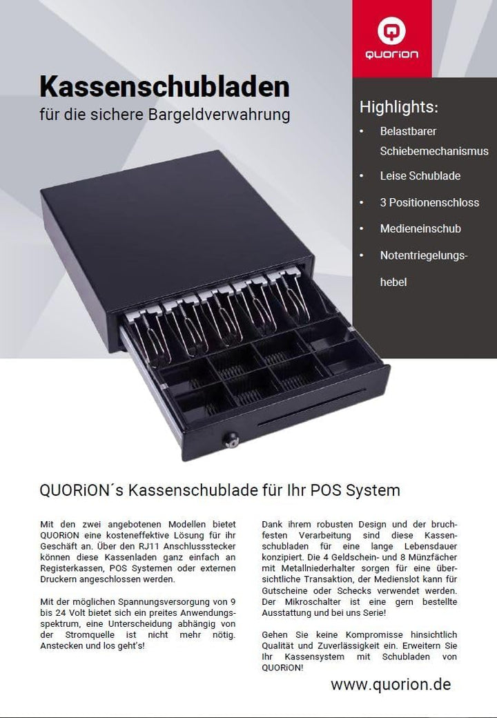 Kassenlade QUORION 330F für PC/POS Kassensysteme &amp; Bondrucker mit 9 12 oder 24 V Anschluss RJ11 mit