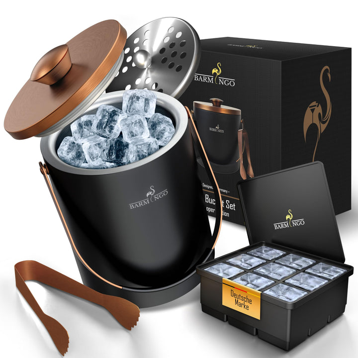 Edelstahl Eiswürfelbehälter mit Deckel - 2l Eiskübel/Eisbehälter für Eiswürfel mit Sieb, Eiswürfelfo