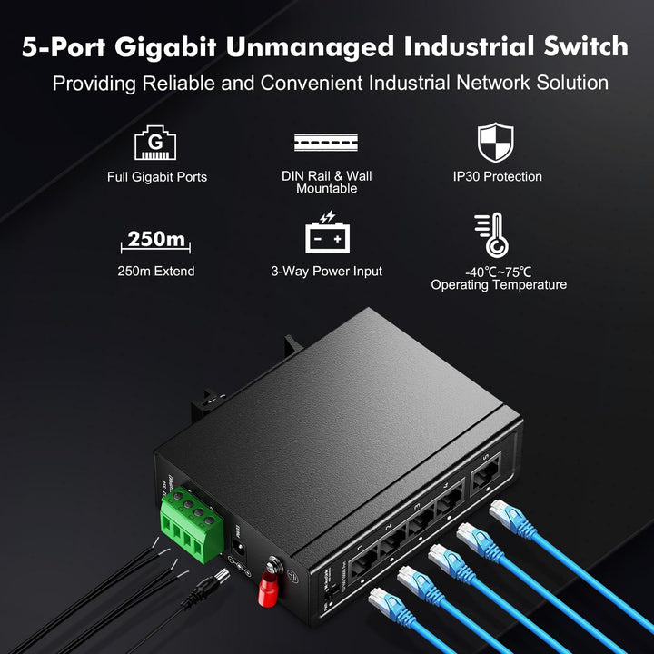 MokerLink 5 Port Industrial Din Rail Gigabit Switch, 4 x 100/1000Mbps Ports, 1 Gigabit Uplink, Mini