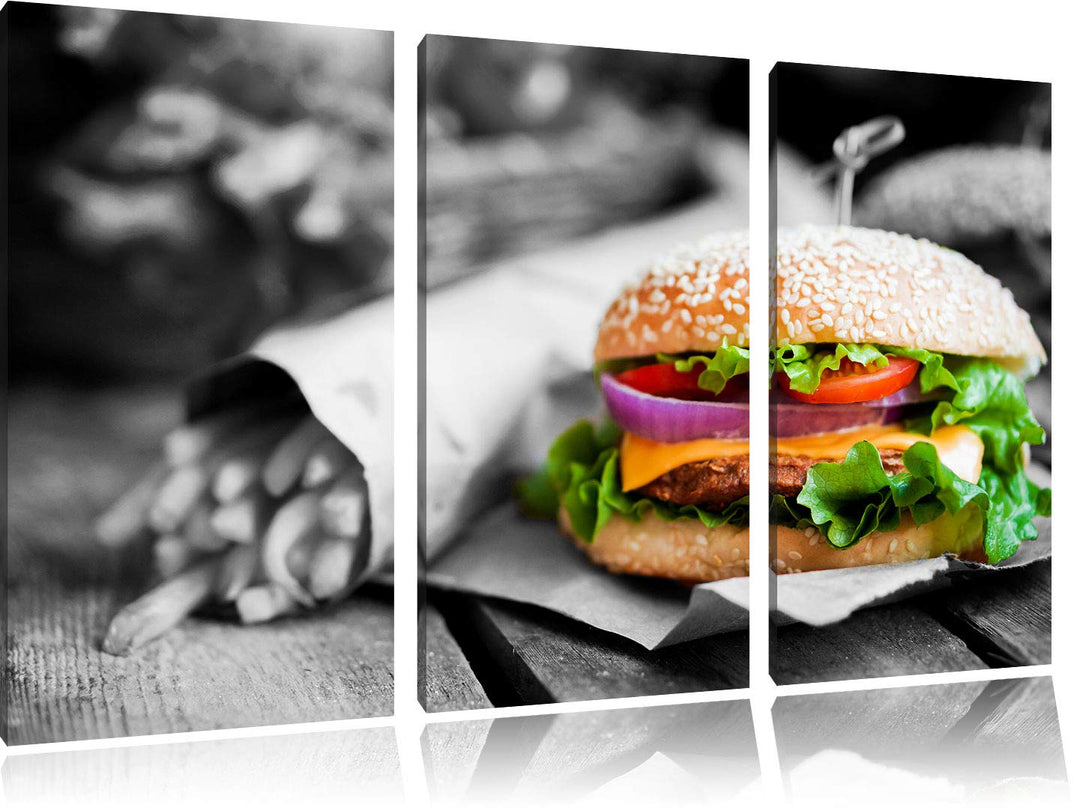 perfekter Burger mit Pommes schwarz/weiss 3-Teiler Leinwandbild 120x80 Bild auf Leinwand, XXL riesig