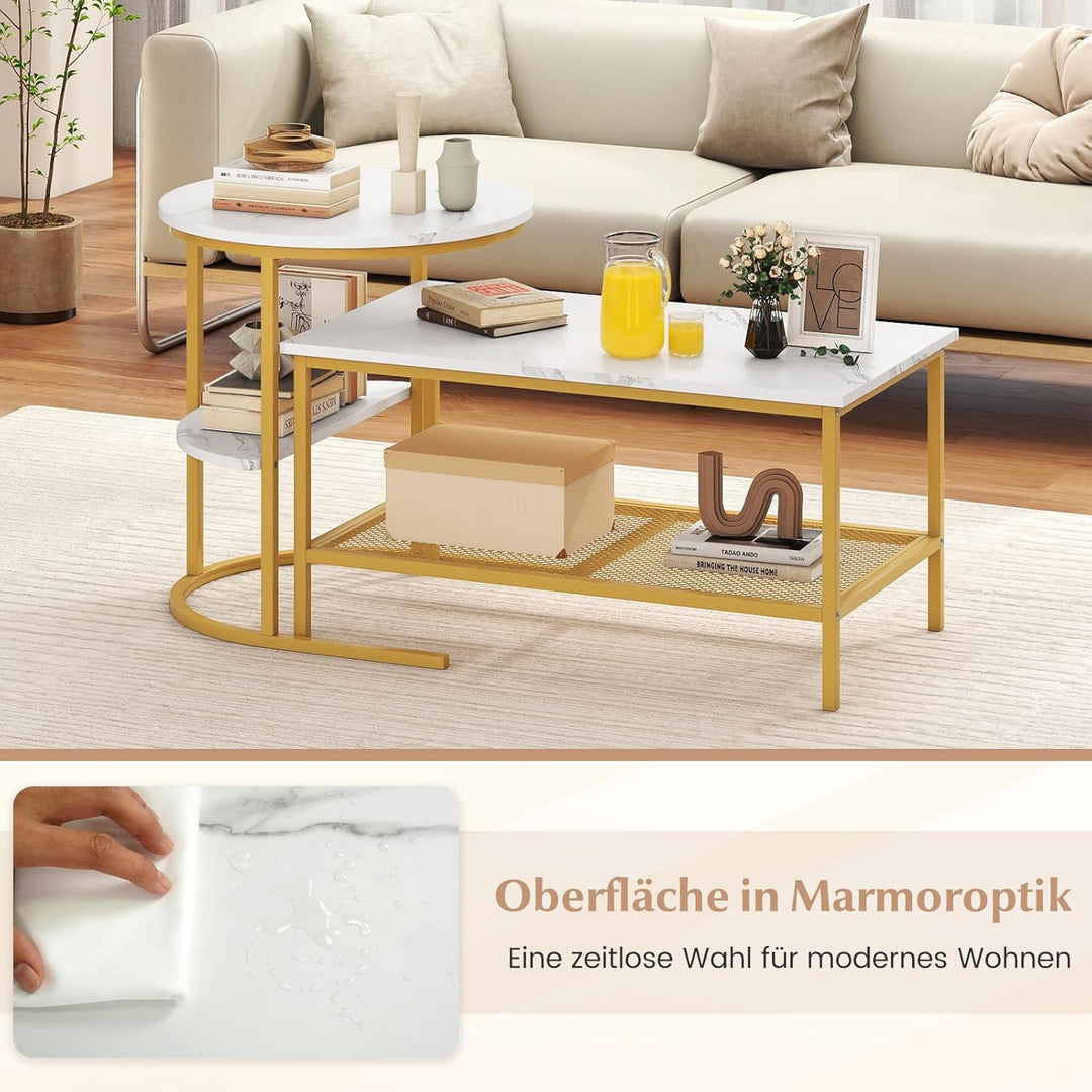 COSTWAY 2er Set Couchtisch, Beistelltisch Marmor Optik mit Metallrahmen & Ablage, Kaffeetisch Wohnzi