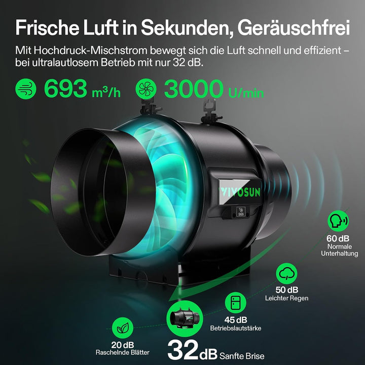 VIVOSUN Smart Rohrventilator 150mm Leise Abluftset 694m³/h E42A+Controller | AeroZesh T6 Abluftventi