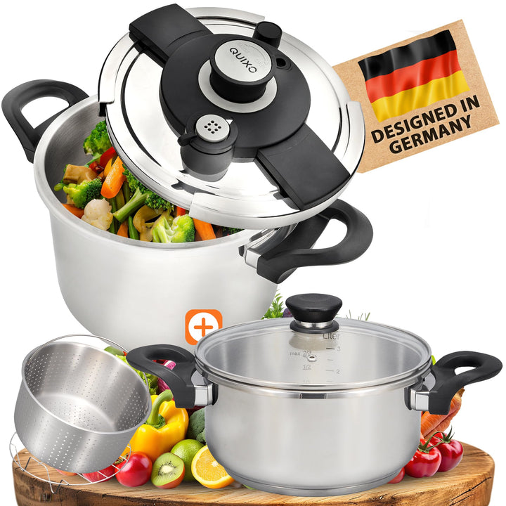 QUIXO Schnellkochtopf Set 6L + 4L VitaSmart mit Garkorb + Glasdeckel + Kochzeitsignal für alle Herda