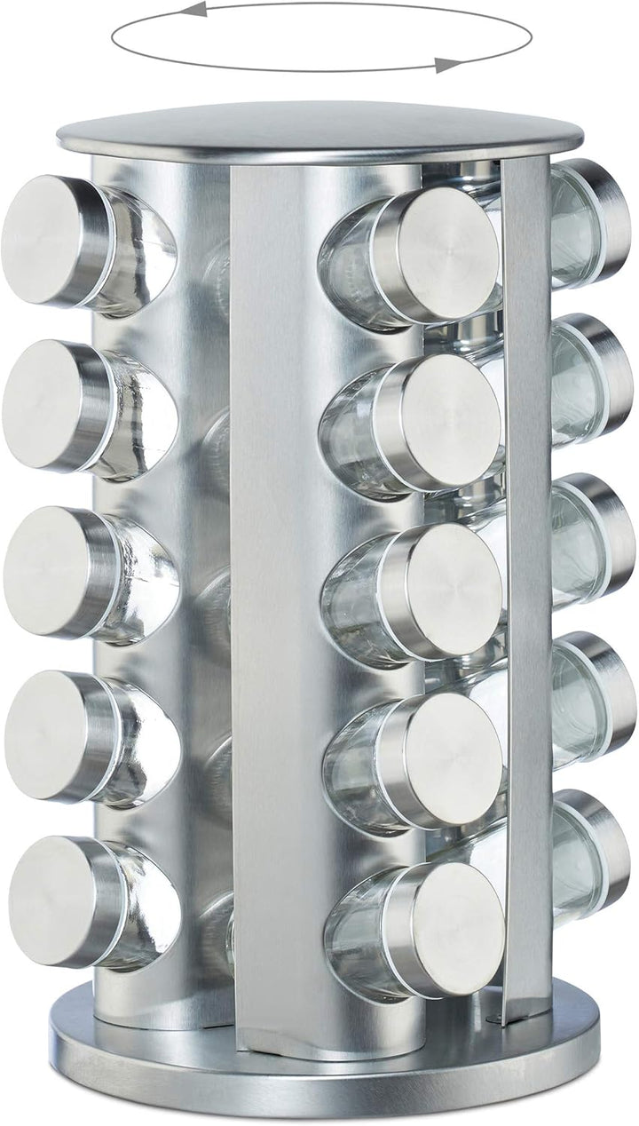 Relaxdays Gewürzkarussell mit 20 Gewürzgläsern, 360° drehbar, Gewürzdosen zum Streuen, 34,5 cm hoch,