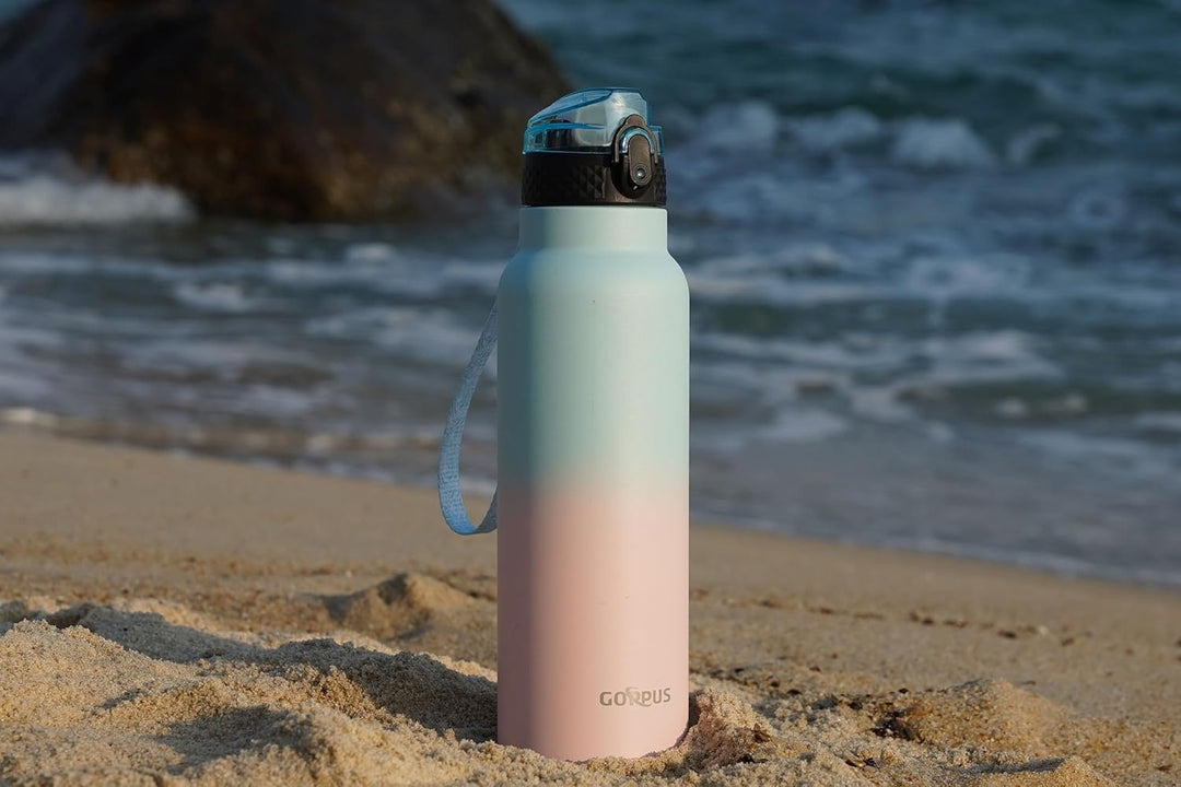 GOPPUS Edelstahl Trinkflasche-750ml mit Strohhalm & 3 Deckel,BPA frei, Kohlensäure Geeignet, Thermos