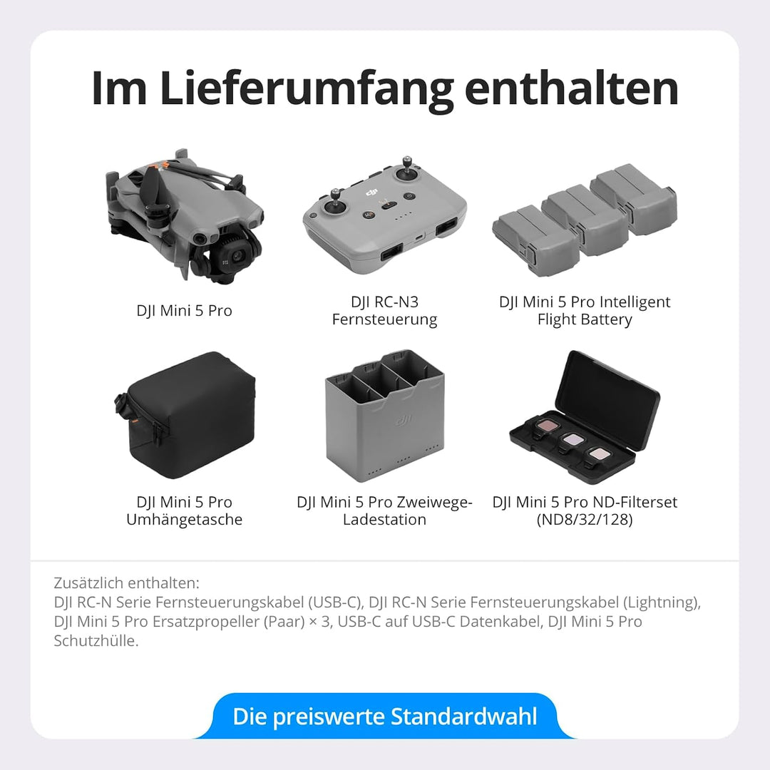 DJI Mini 5 Pro Fly More Combo mit DJI RC-N3 und Vielseitiges Zubehör, C0-Zertifiziert, Drohne mit Ka