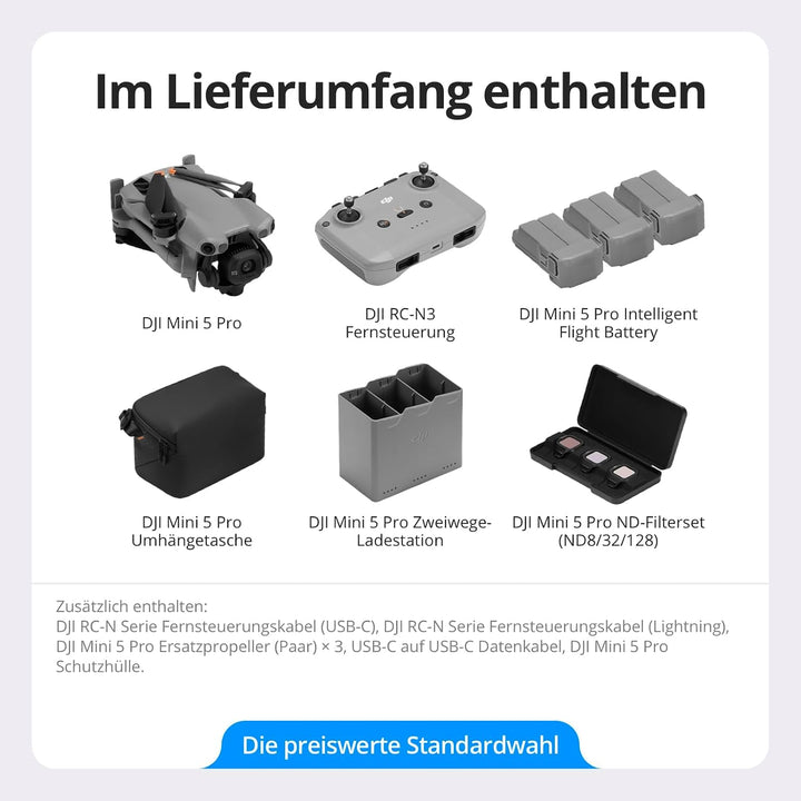 DJI Mini 5 Pro Fly More Combo mit DJI RC-N3 und Vielseitiges Zubehör, C0-Zertifiziert, Drohne mit Ka
