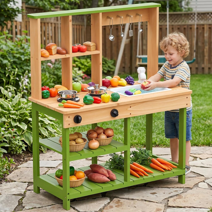 BRINJOY Matschküche Kinder Outdoor, Spielküche Kinder Holz-Matschküche für draussen mit realistische