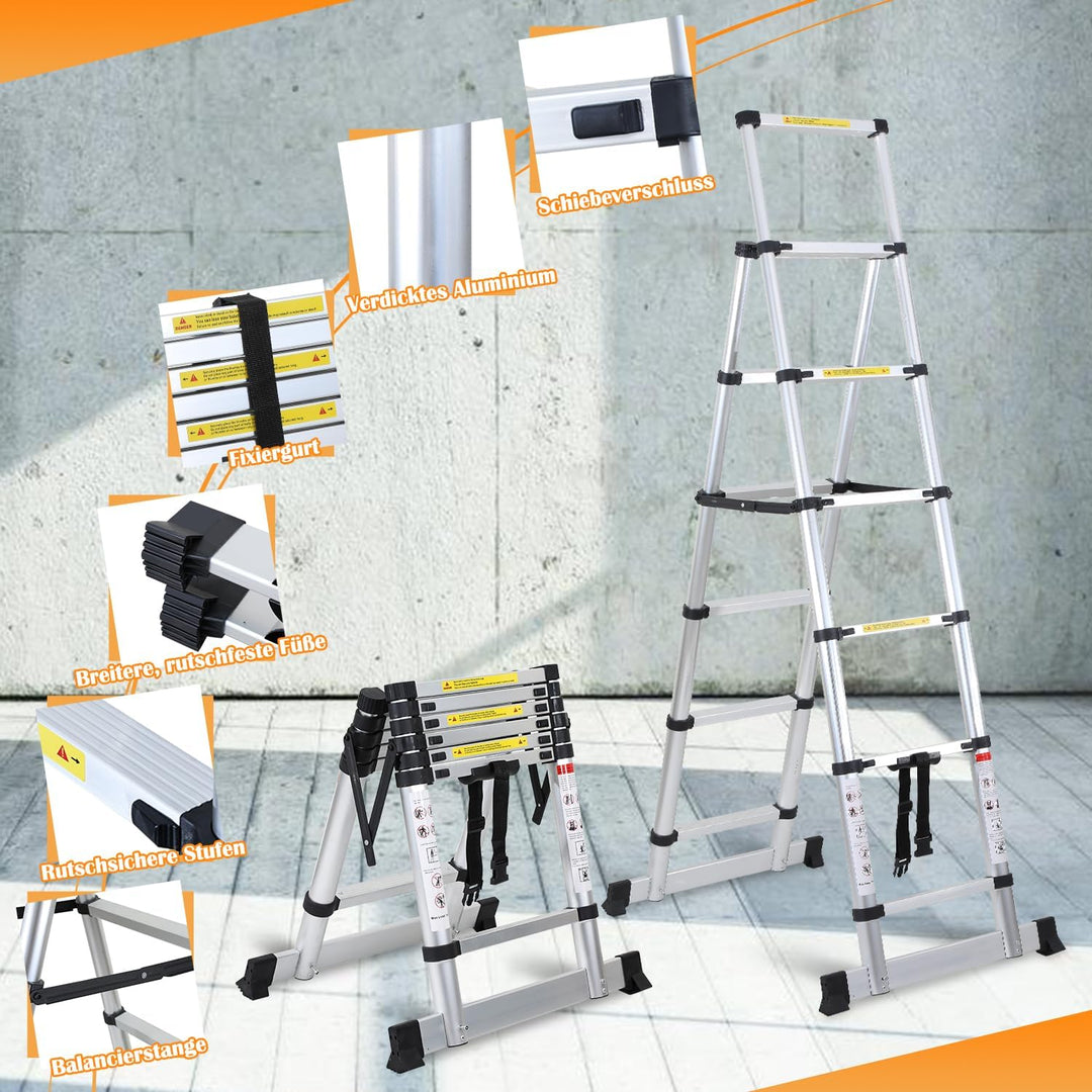 teleskopleiter klappleiter 1,7+2M aluleiter 5+6 Stufen Tragbare rutschfeste ausziehleiter, 150 kg Be