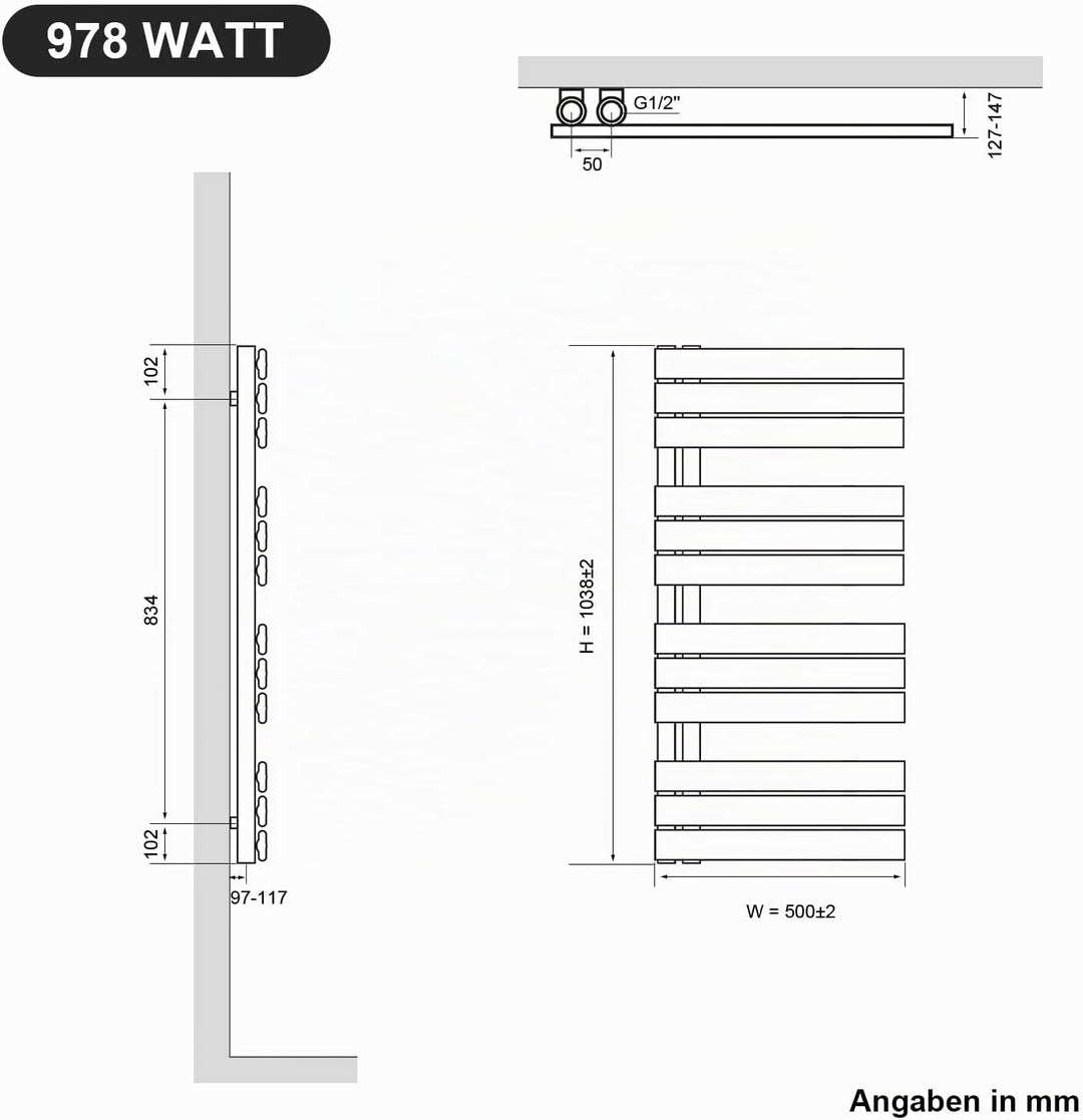 SONNI Badheizkörper Flach Handtuchtrockner 1038 x 500 mm Weiss | Handtuchwärmer Seitenanschluss Pa