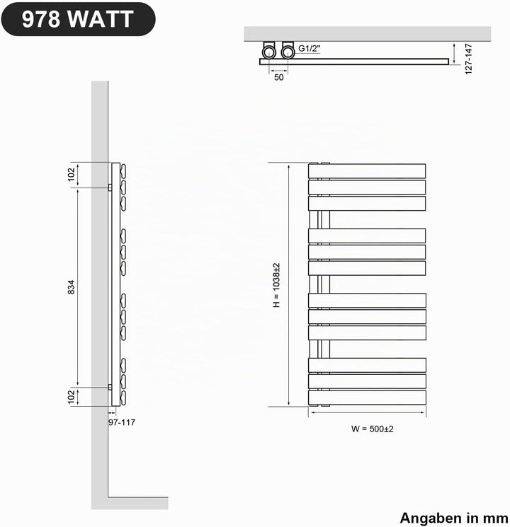 SONNI Badheizkörper Flach Handtuchtrockner 1038 x 500 mm Weiss | Handtuchwärmer Seitenanschluss Pa