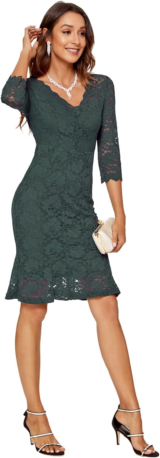 Atnlewhi Damen 3/4 Ärmel Kleid V-Ausschnitt Formeller Abend Bodycon Knielang Vintage Spitzenkleid El