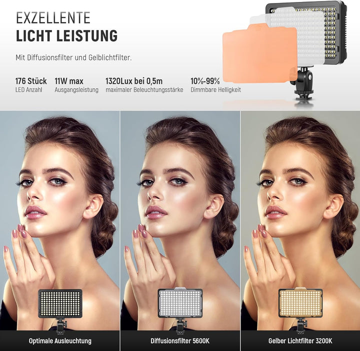 NEEWER 176 LED Videoleuchte Streaming Licht 5600K dimmbar Videolicht Panel mit 1/4 Zoll Gewinde, Key
