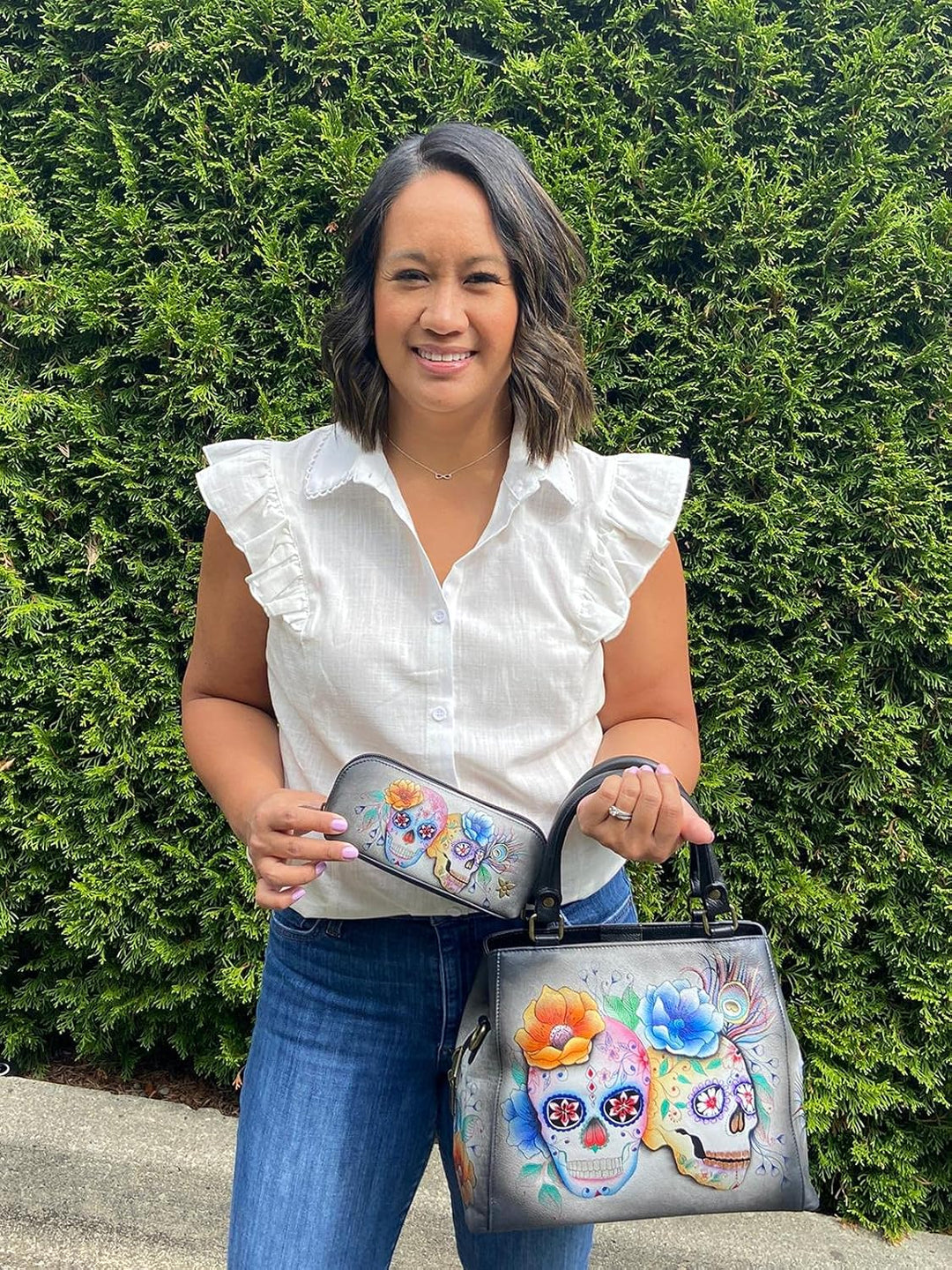 Anuschka Handbemalte Satchel Tasche mit mehreren Fächern aus Echtleder Calaveras De Azúcar, Calavera