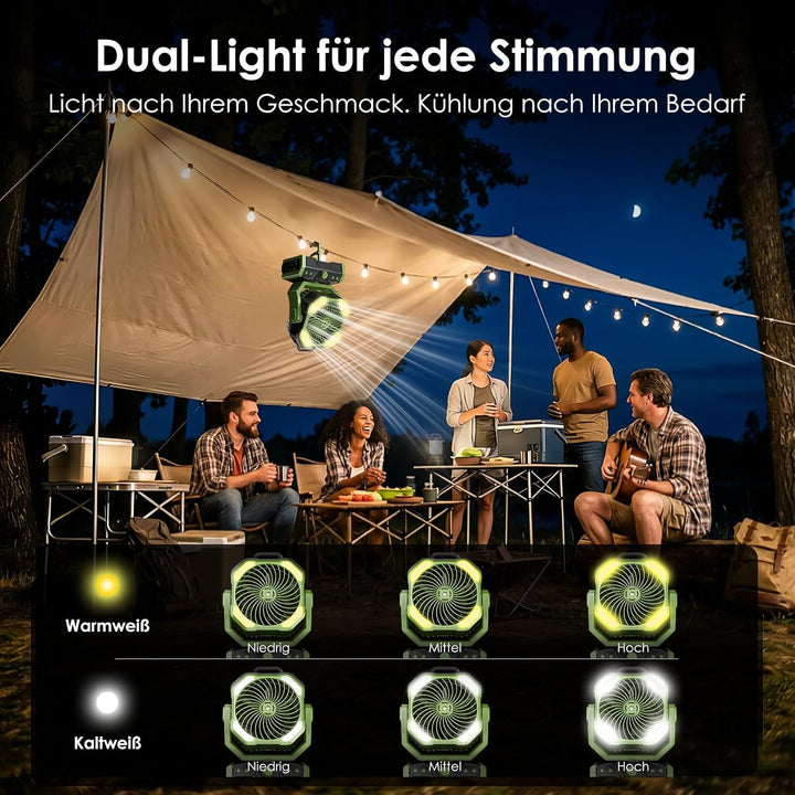 Minthouz 30000mAh Akku Camping Ventilator mit Sprühnebel & LED Licht, USB Akku Ventilator, 50h Laufz
