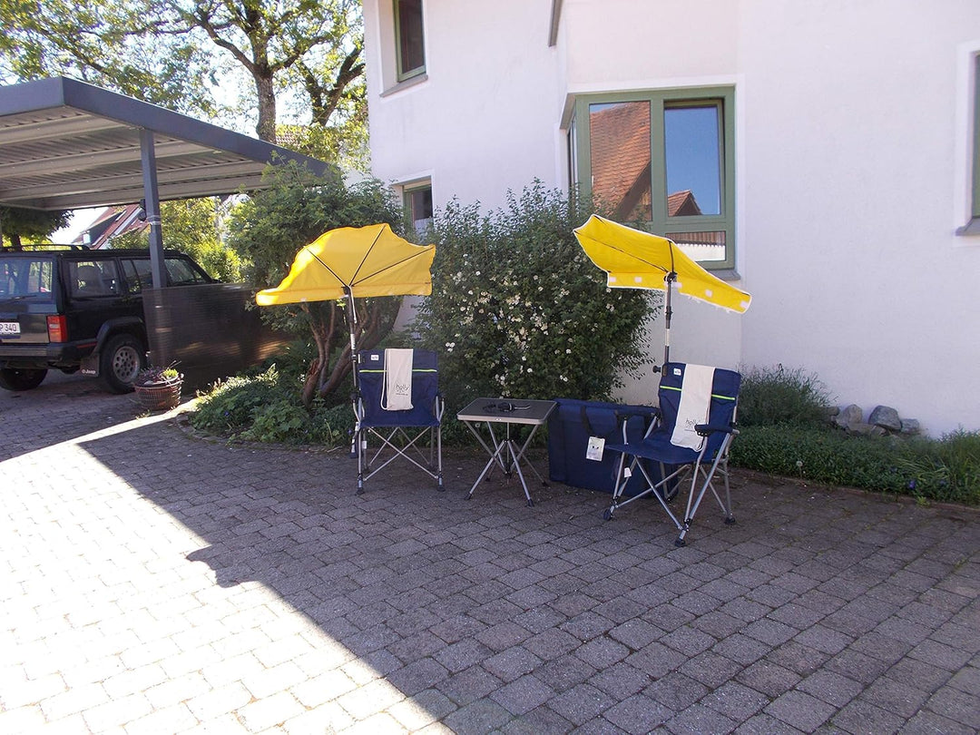 Mit 2 Stück Fächerschirm GELB - Camping Reise -Set Holly' S JUBILÄUMSET - 2 FALTSTÜHLE + 1 KLAPPTISC