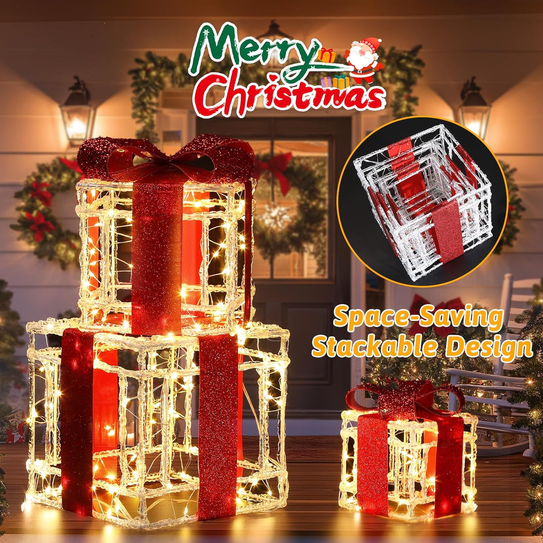 Quntis 3 Set LED Geschenkbox Weihnachten, 215 warmweisse LED beleuchtete Boxen, Weihnachtsdeko Innen