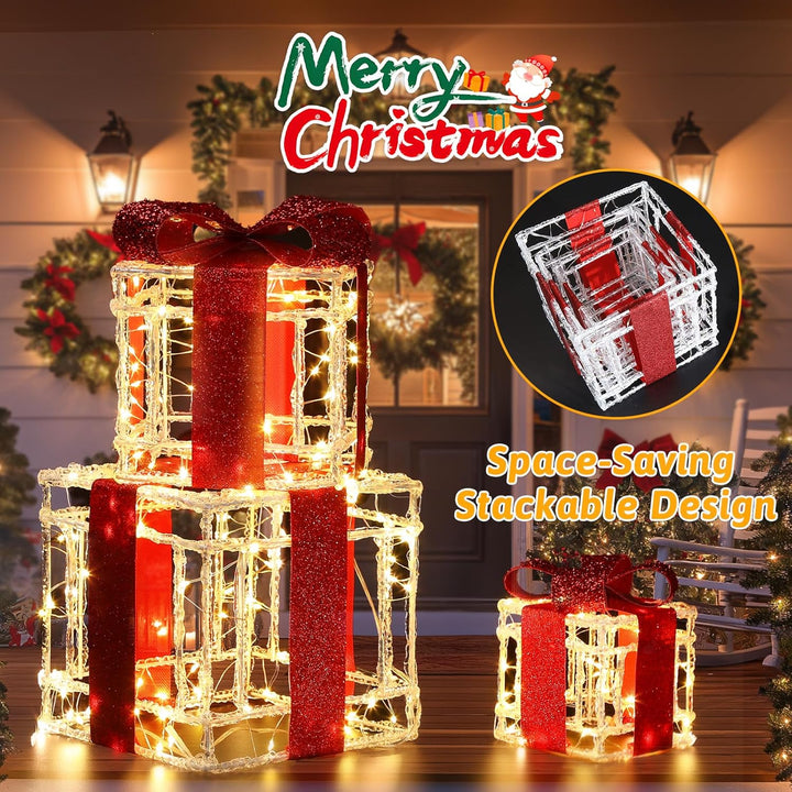 Quntis 3 Set LED Geschenkbox Weihnachten, 215 warmweisse LED beleuchtete Boxen, Weihnachtsdeko Innen