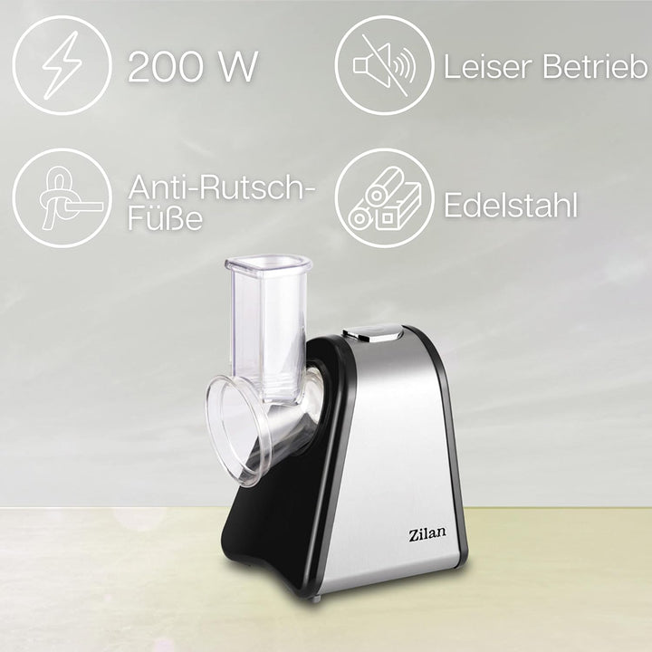 Elektrische Küchenreibe | 200 Watt | 4 Aufsätze | Trommeln aus Edelstahl | Elektrischer Gemüsehobel