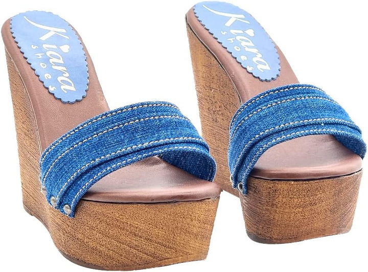 Kiara Shoes 13 cm hohe Damen Clogs mit Denim Band - KZ3101 Denim (38 EU, Denim) 38 EU Denim, 38 EU D