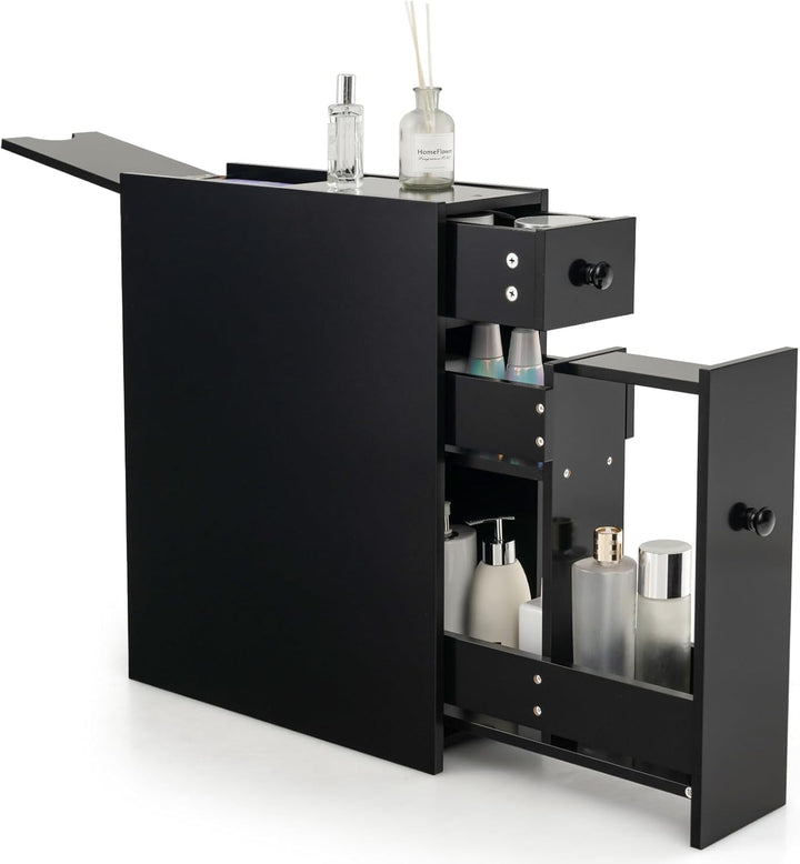 COSTWAY Nischenregal mit Schubladen, schmaler Nischenschrank aus Holz, Badschrank, Badregal, Seitens