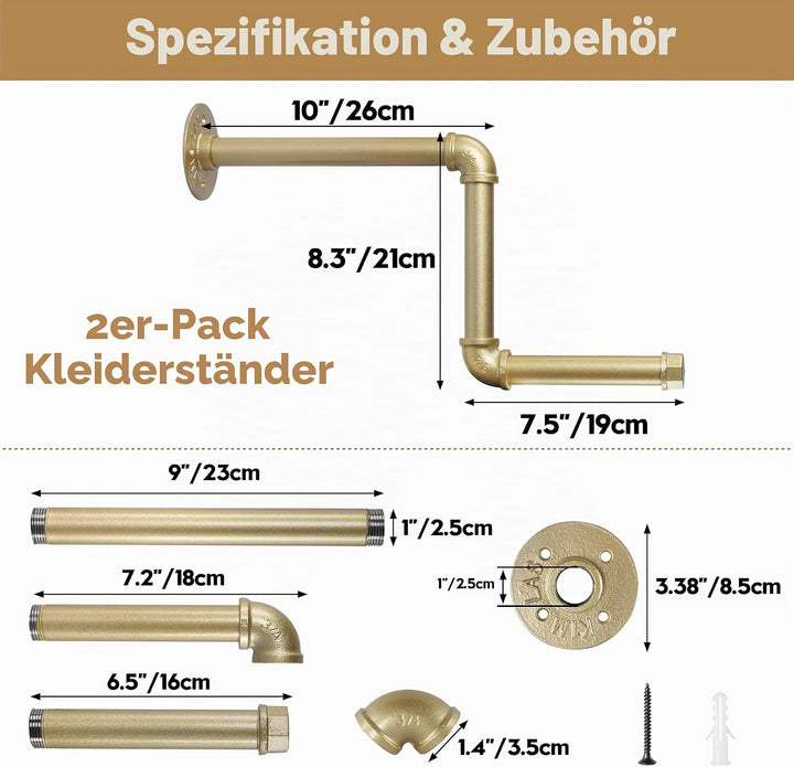 AddGrace Röhrenförmige Kleiderständer 2 x 18 Zoll abnehmbare Kleiderständer DIY Wand montiert indust