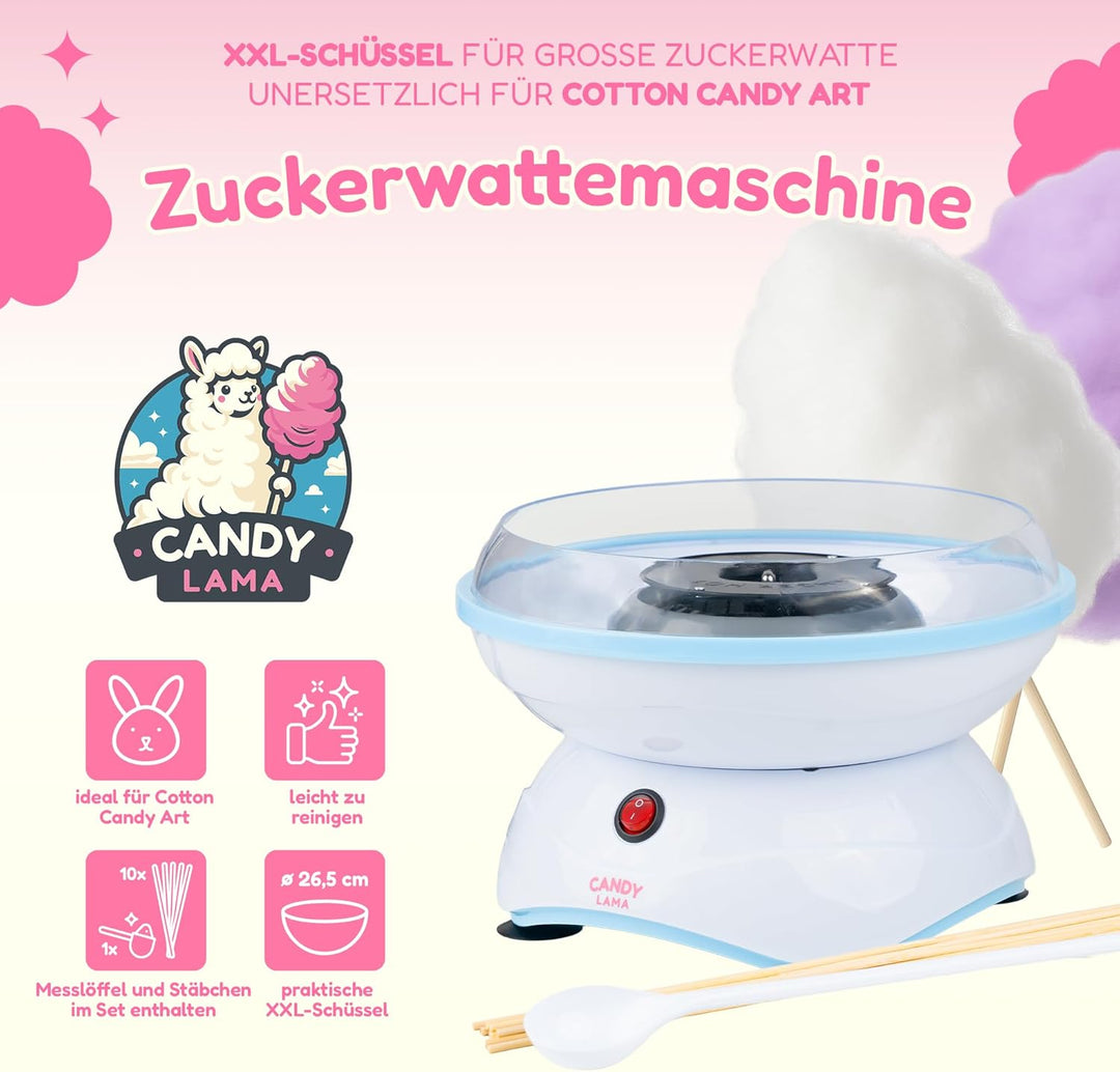 CANDY LAMA Zuckerwattemaschine für Zuhause | Cotton Candy Machine mit Stäbchen und Messlöffel | Zuck