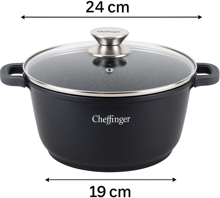 Cheffinger Kochtopf Aluguss Induktion Ø24cm Suppentopf Pfanne Topf Deckel Brattopf Schwarz, CF-DC24