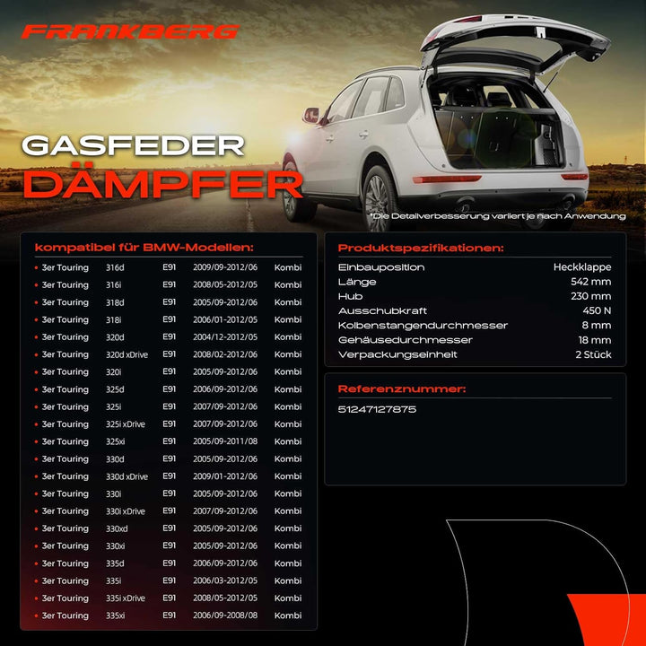 Frankberg 2x Gasfeder Dämpfer Heckklappe Kompatibel mit 3er Touring E91 316 318 320 325 330 335 All