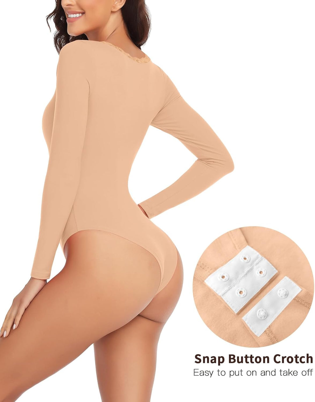 WOWENY Thermo Body Damen Langarm Elegant Langarmbody mit Spitze V-ausschnitt Fleece Bodysuit Warm Be