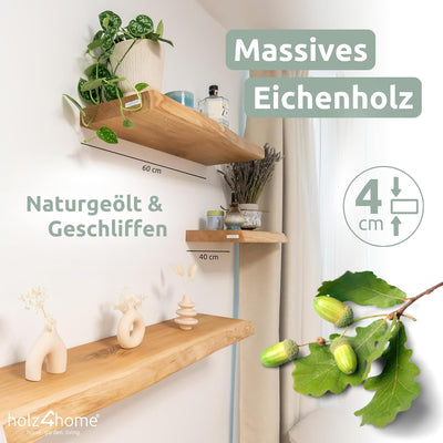 holz4home® Wandregal mit Baumkante 40 cm Länge, Natur Geölt I Schweberegal Massivholz mit unsichtbar