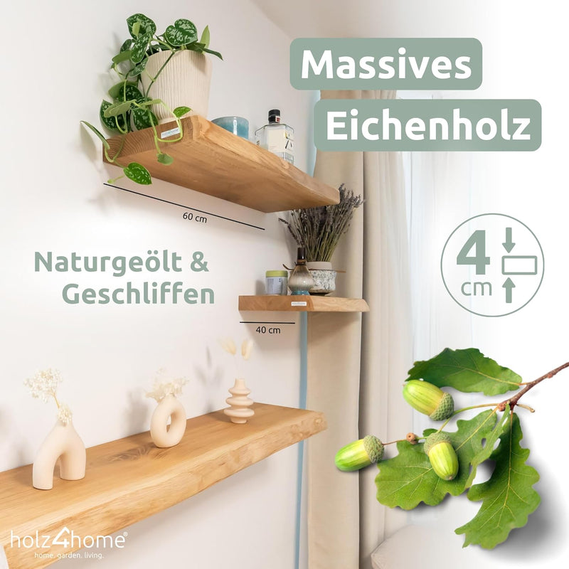 holz4home® Wandregal mit Baumkante 40 cm Länge, Natur Geölt I Schweberegal Massivholz mit unsichtbar
