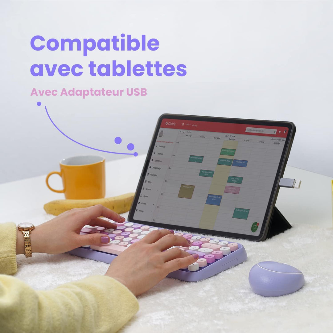 Perixx PERIDUO-713 Kabellose Mini-Tastatur und Maus, 2,4 GHz, abgerundete Retro-Tasten, Violett, AZE