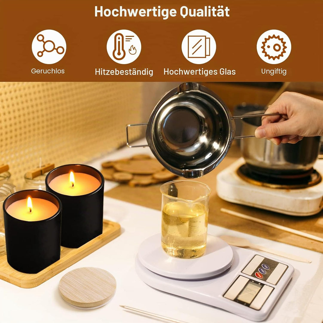 CONNOO 12 Stück 284 ml mattschwarze Glas-Kerzengläser mit Bambusdeckel für die Herstellung von Kerze
