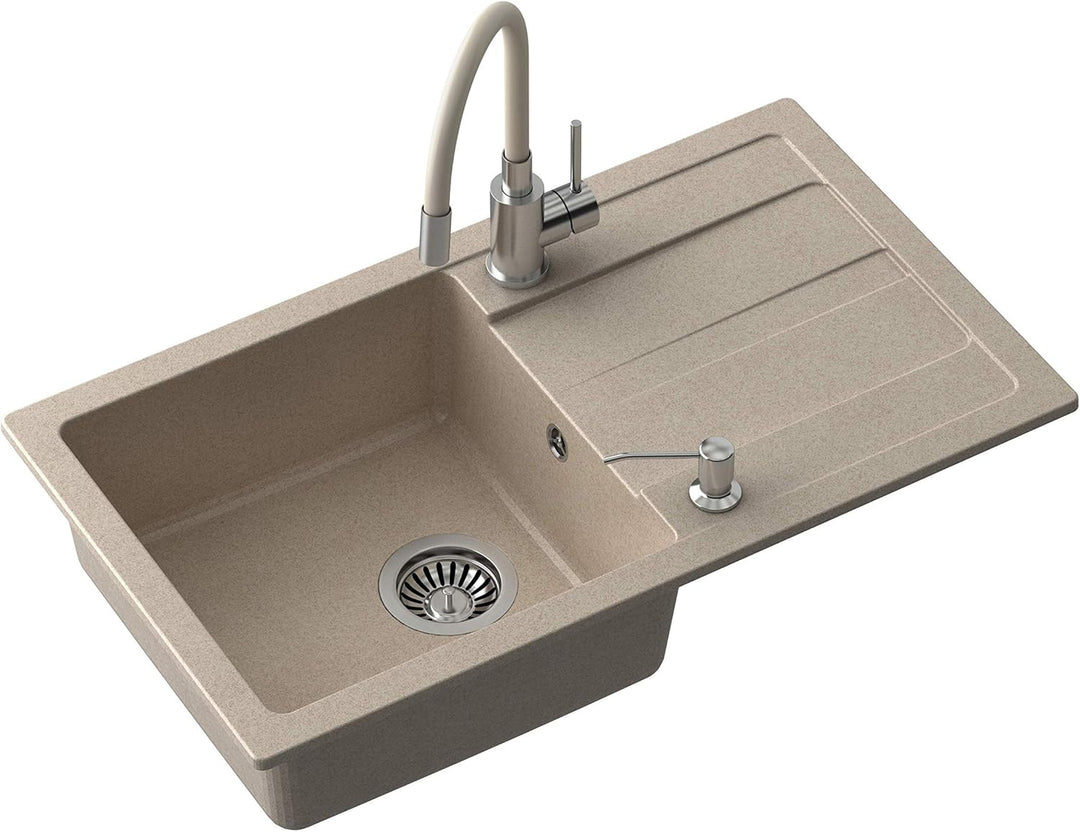 VBChome Spülbecken mit Armatur 77 x 44 cm Beige Granit Einzelbecken Einbauspüle Abtroffläche gespren