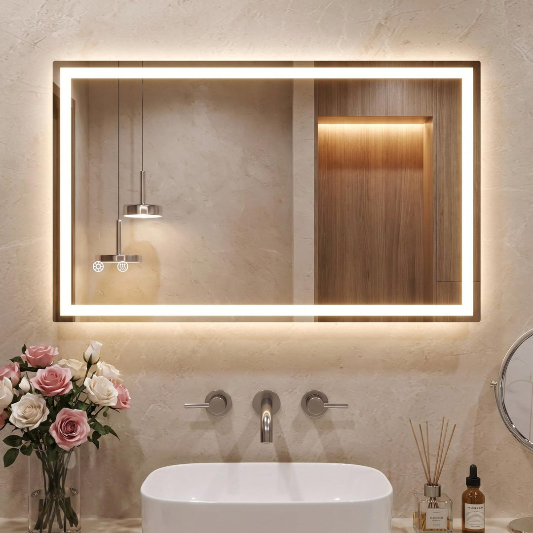 Badspiegel mit Beleuchtung 100×60 cm, LED Spiegel mit 3 Lichtfarben Dimmbar, Gehärtetes Glas Explosi