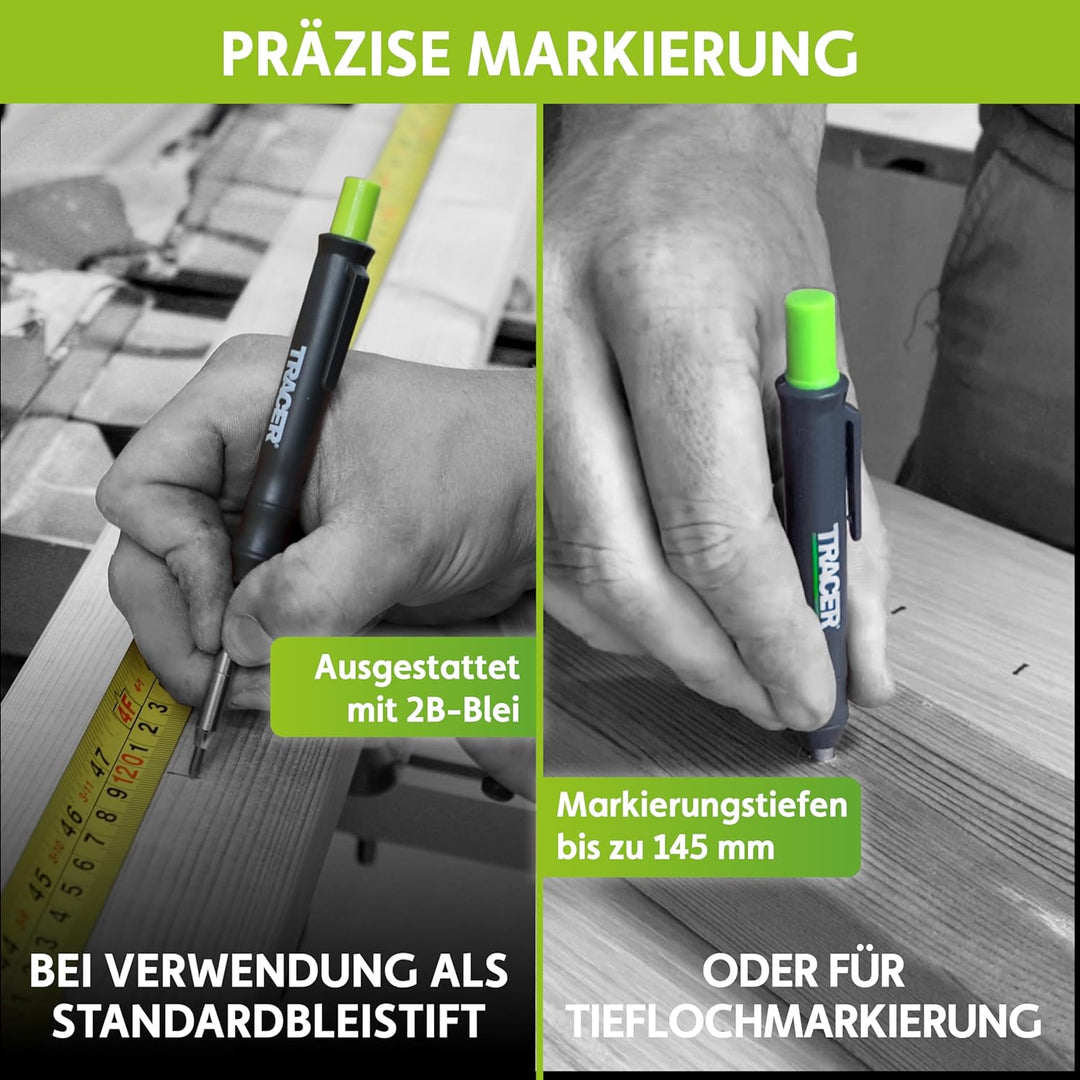 Tracer Markierungsset – Tiefloch-Schreinerbleistift, Ersatzminen x 6 und 2 verstopfungsfreie Marker