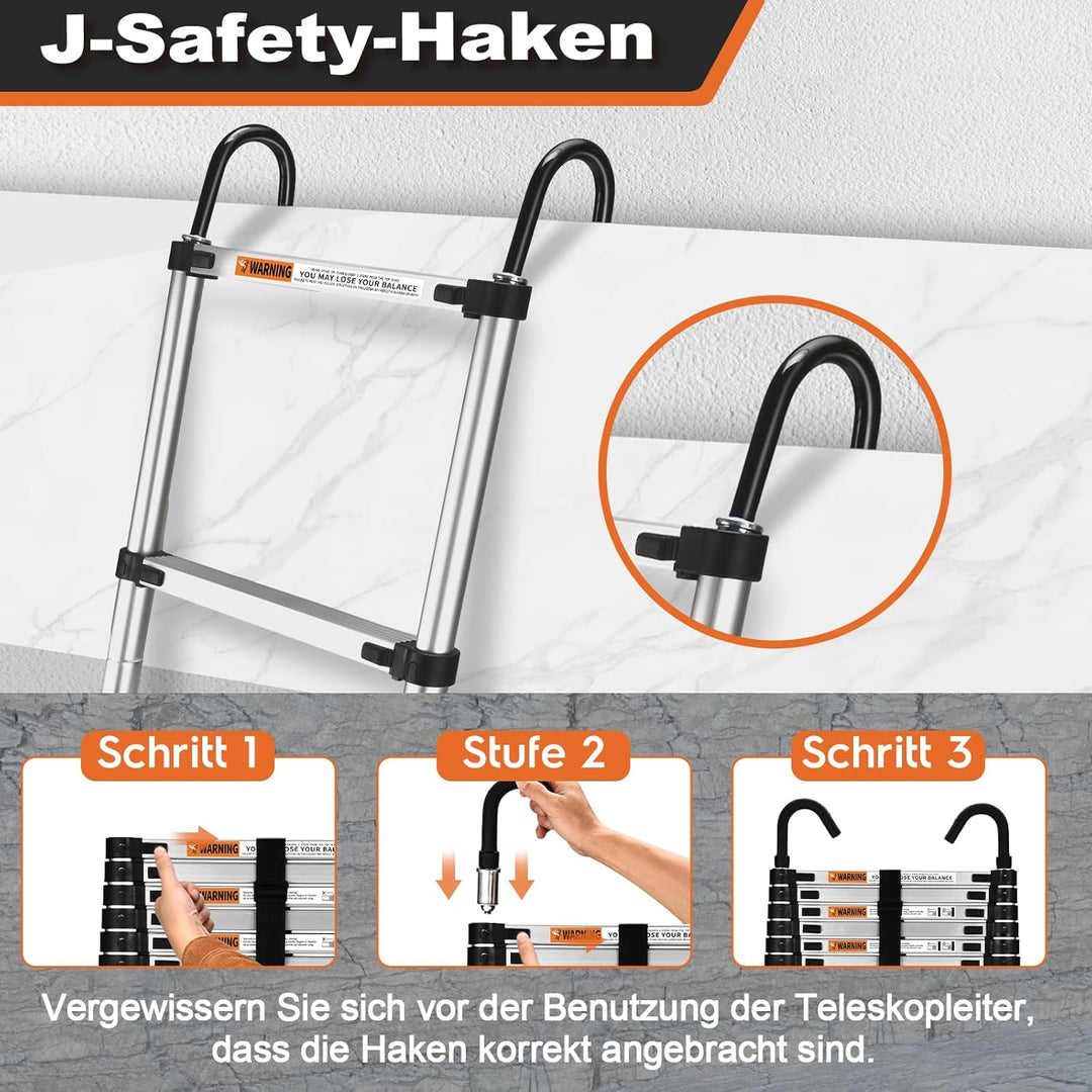 3,8mTeleskopleiter mit Haken, HBTower Leichte Ausziehleiter, Leiter Ausziehbar, klappbare Leiter für
