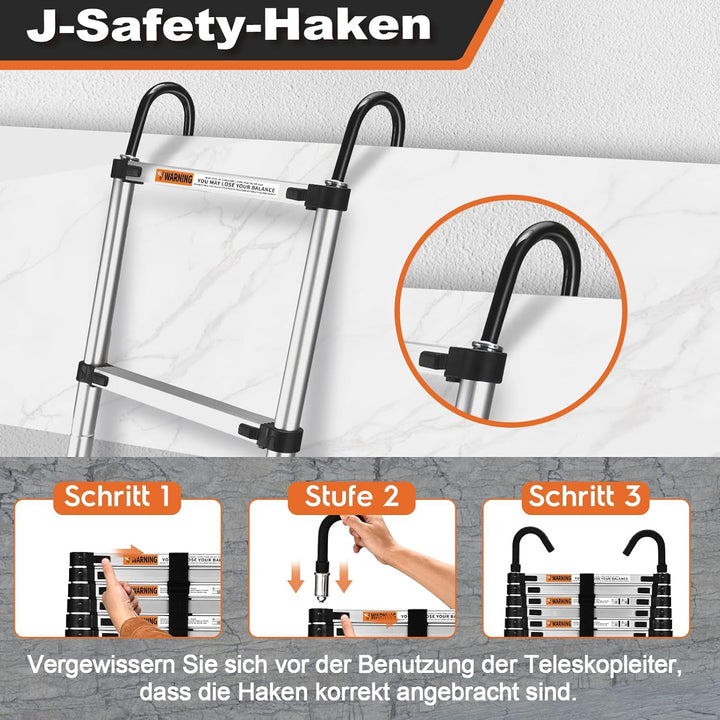 HBTower 3,2m Teleskopleiter Aluminium mit Haken, Leichte Ausziehleiter, Leiter Ausziehbar, klappbare