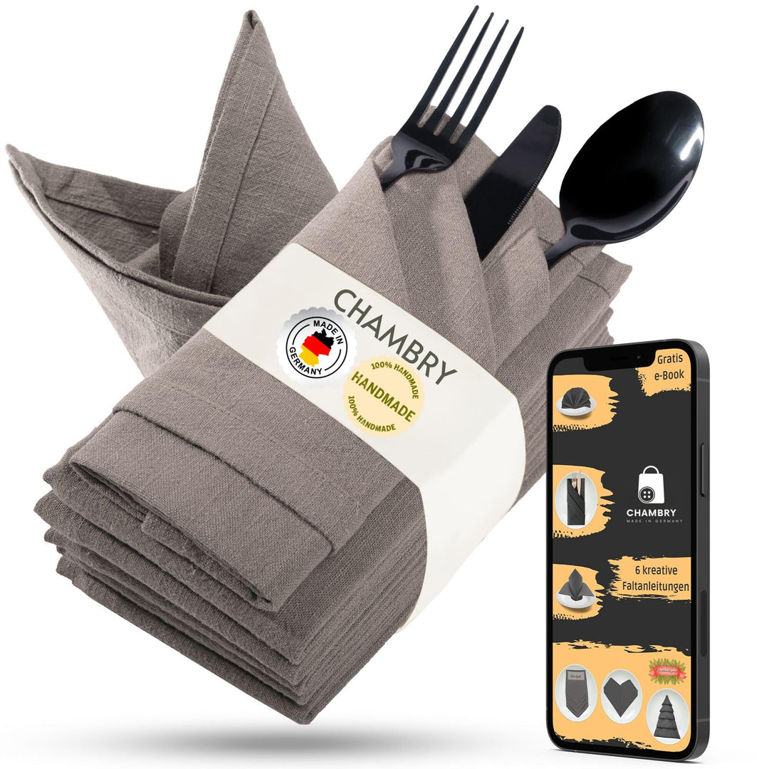 chambry 6 Premium Stoffservietten 100% Leinen Stonewashed - 40cm x 40cm - inkl. Faltanleitung als E-