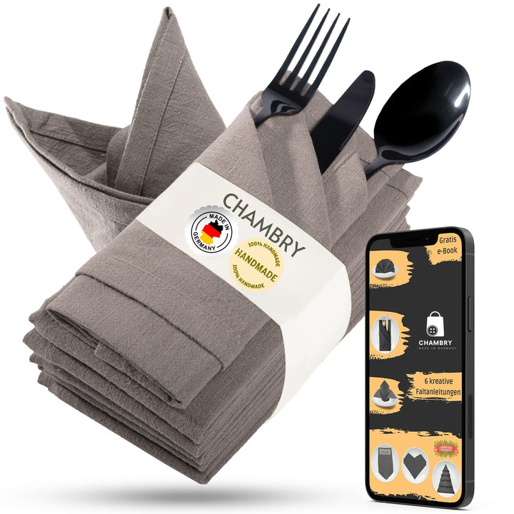 chambry 6 Premium Stoffservietten 100% Leinen Stonewashed - 40cm x 40cm - inkl. Faltanleitung als E-