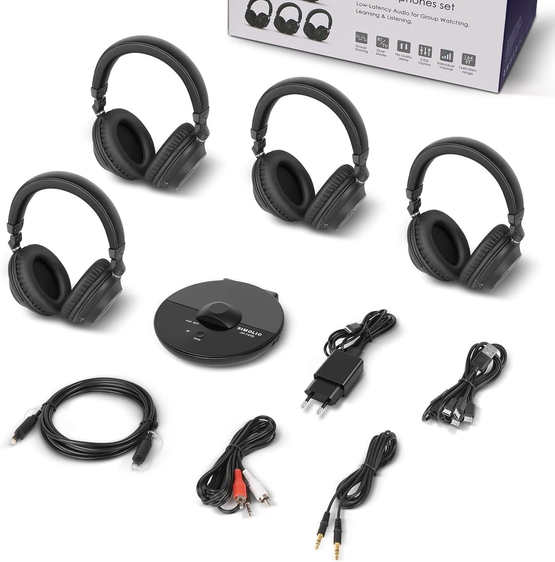 SIMOLIO Bluetooth TV Funkkopfhörer mit klarem & lautem Klang – Kabellose Kopfhörer & Sender für Grup